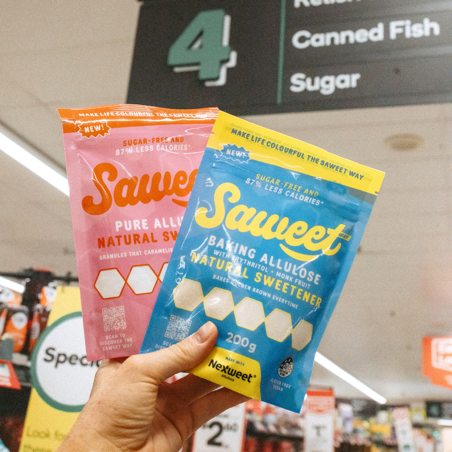 Saweet Way pure allulose and baking allulose natural sweetener pouches in supermarket aisle, a sugar-free alternative for baking and everyday cooking.