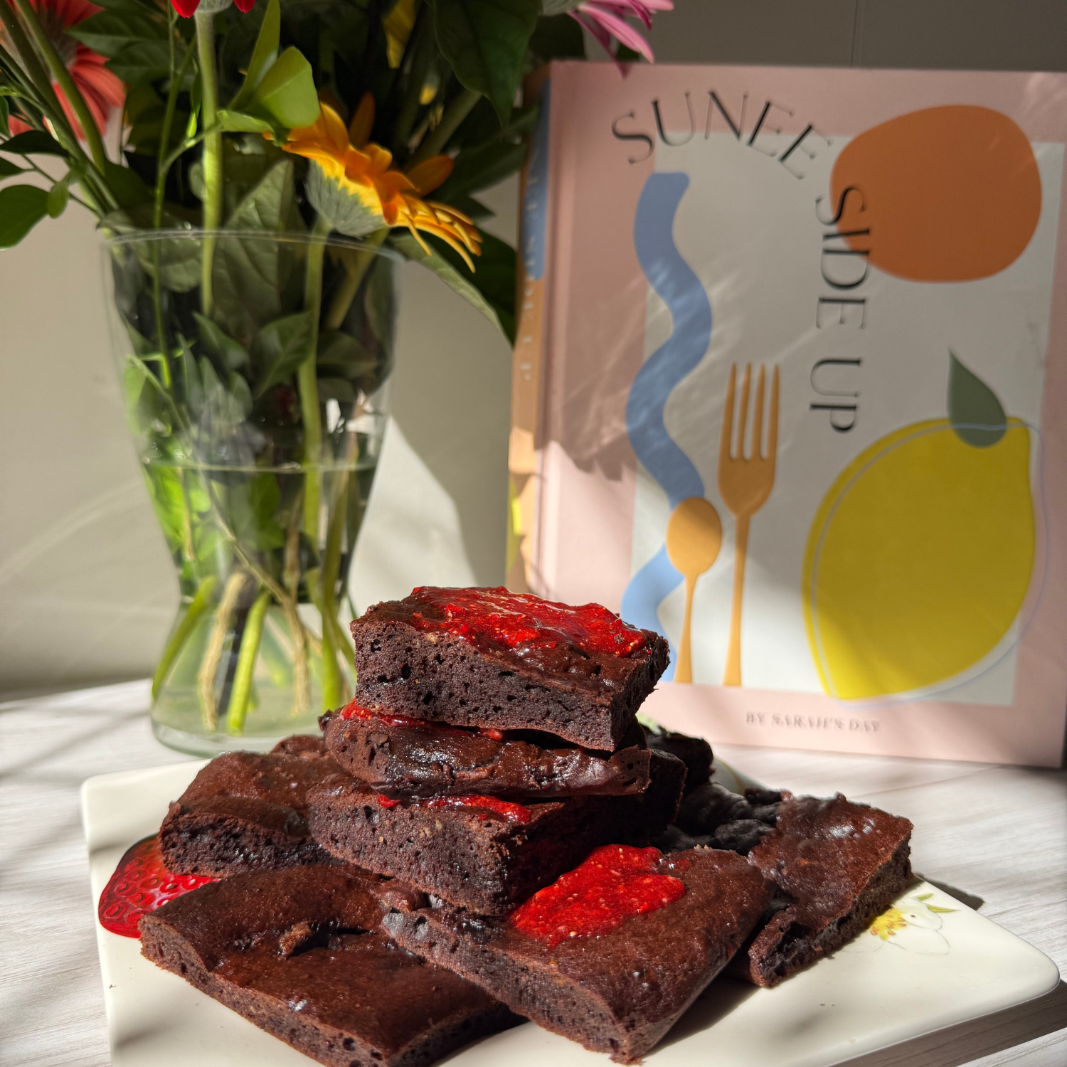 Fudgey Brownies with Strawberry Syrup